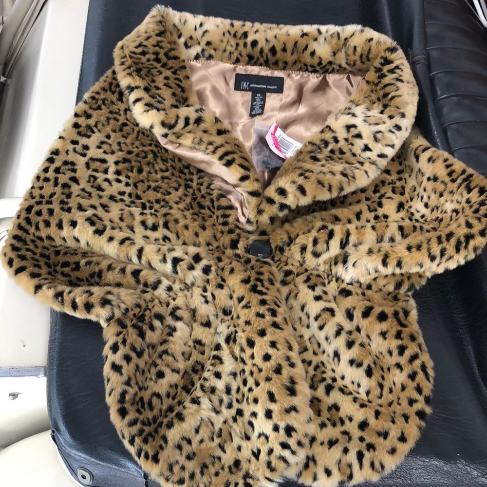 INC Faux Fur Leopard Wrap with Button Clasp